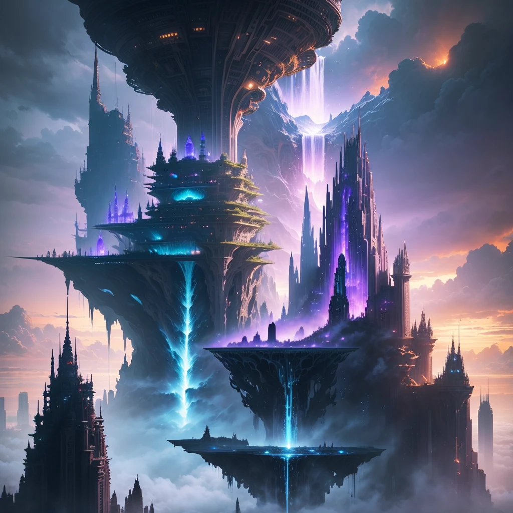 A huge fantastical sci-fi city, aether city, floating aerial metropolis,Skyscrapers、Huge construction，Super huge waterfall，mysterious，Fantasy， towering skyscrapers, massive waterfall, celestial planets in the sky, surrounded by clouds, cosmic architecture, violet energy scars around, central massive castle, astral sky