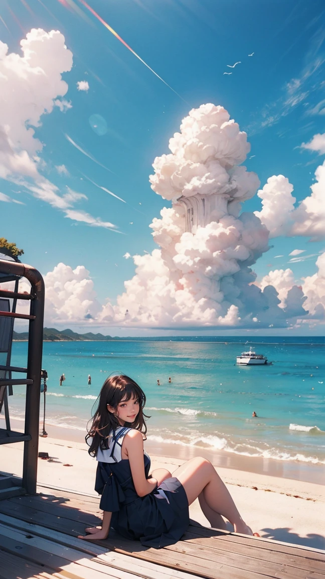 ((最high quality, 8K, masterpiece: 1.3, Ultra HD, high quality, 最high quality, High resolution, realism)) 、Beautiful 18 year old Caucasian female、Hair is black、Iridium Hair、My hair is wavy、smile、I want to keep my head out of the screen.、sit on a high breakwater on the beach、The blue sky is beautiful、There is a cloud at the entrance、that'summer、I'm wearing a sailor suit、Wearing a navy blue pleated skirt、Wear loafers、There is a road in front of the breakwater.、There is a sign indicating the bus stop.、The sea is beautiful、Beautiful Horizon、 island can be seen offshore