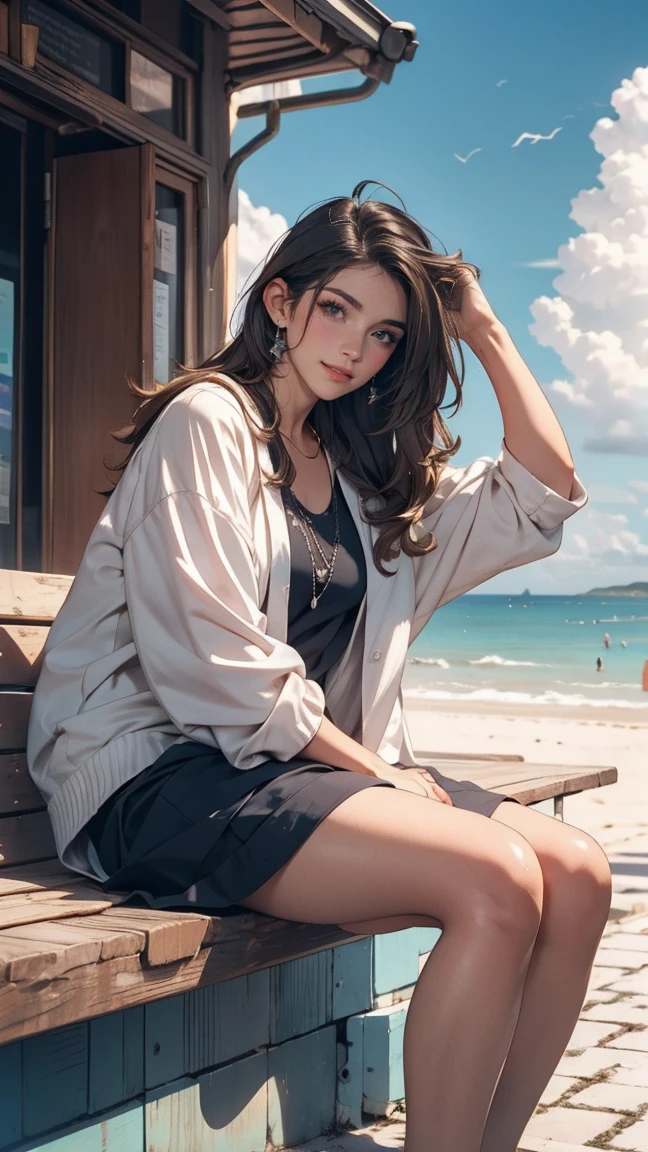 ((最high quality, 8K, masterpiece: 1.3, Ultra HD, high quality, 最high quality, High resolution, realism)) 、Beautiful 18 year old Caucasian female、Hair is black、Iridium Hair、My hair is wavy、smile、I want to keep my head out of the screen.、sit on a high breakwater on the beach、The blue sky is beautiful、There is a cloud at the entrance、that'summer、I'm wearing a sailor suit、Wearing a navy blue pleated skirt、Wear loafers、There is a road in front of the breakwater.、There is a sign indicating the bus stop.、The sea is beautiful、Beautiful Horizon、 island can be seen offshore