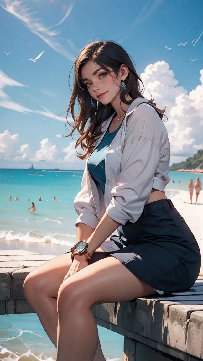 ((最high quality, 8K, masterpiece: 1.3, Ultra HD, high quality, 最high quality, High resolution, realism)) 、Beautiful 18 year old Caucasian female、Hair is black、Iridium Hair、My hair is wavy、smile、I want to keep my head out of the screen.、sit on a high breakwater on the beach、The blue sky is beautiful、There is a cloud at the entrance、that'summer、I'm wearing a sailor suit、Wearing a navy blue pleated skirt、Wear loafers、There is a road in front of the breakwater.、There is a sign indicating the bus stop.、The sea is beautiful、Beautiful Horizon、 island can be seen offshore