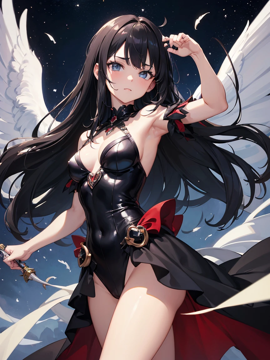 ((Masterpiece)),(Best Quality),(Highest resolution),(8K),(Clean lines),(Perfect Face,Perfect meat),(Official Art), Cowboy Shot,(Magical girl),villain, Black Costume, Small breasts, Long Hair, large black feathers, Night Sky, Mean face