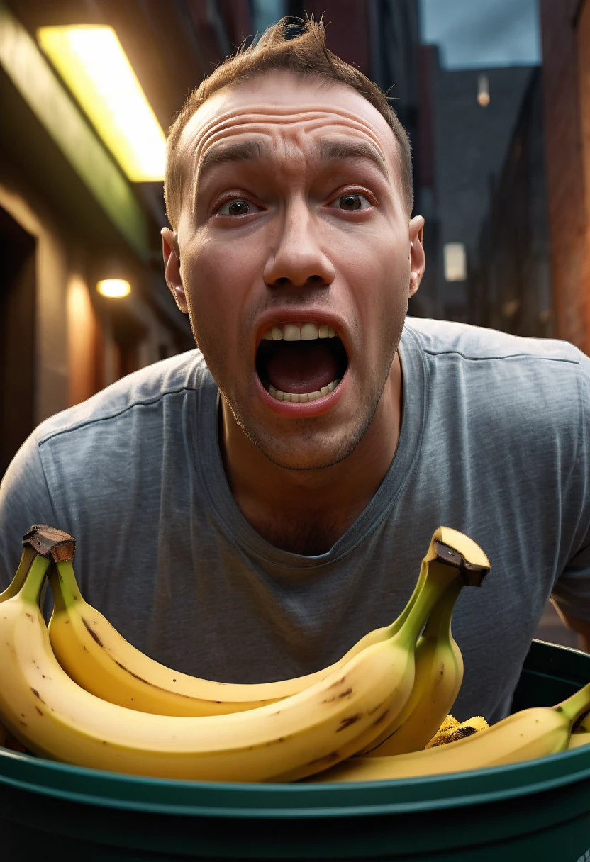 A stunning, hyper-realistic illustration of a man reacting with shock as he places a banana into a dustbin. The composition captures his half-body and facial expression in extreme close-up, using a fish-eye lens to emphasize the intricacy of his emotions. The background is a blend of digital painting and 3D rendering, featuring an urban landscape with dramatic lighting and volumetric effects. The image showcases a wide array of technical advancements, such as unreal engine, DOF, super-resolution, anti-aliasing methods, and tone mapping, resulting in ultra-photorealistic, ultra-detailed, and intricately rendered visuals.