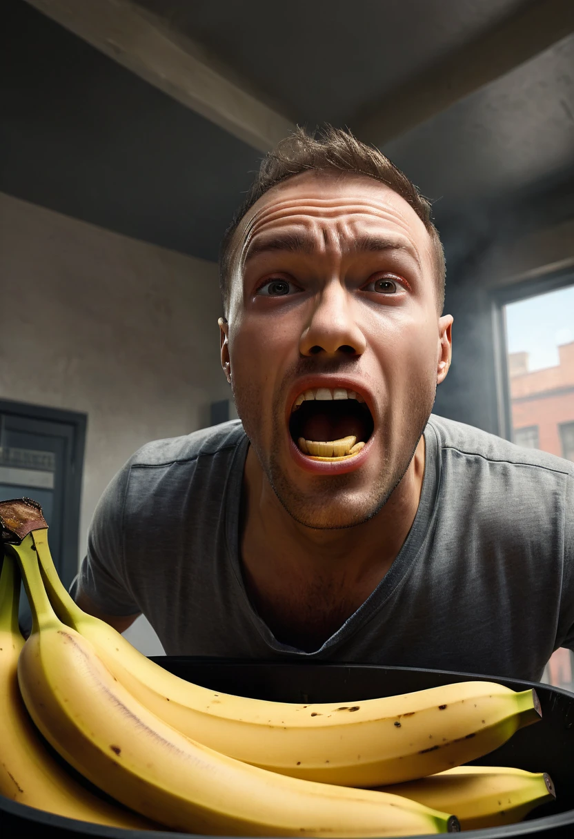 A stunning, hyper-realistic illustration of a man reacting with shock as he places a banana into a dustbin. The composition captures his half-body and facial expression in extreme close-up, using a fish-eye lens to emphasize the intricacy of his emotions. The background is a blend of digital painting and 3D rendering, featuring an urban landscape with dramatic lighting and volumetric effects. The image showcases a wide array of technical advancements, such as unreal engine, DOF, super-resolution, anti-aliasing methods, and tone mapping, resulting in ultra-photorealistic, ultra-detailed, and intricately rendered visuals.