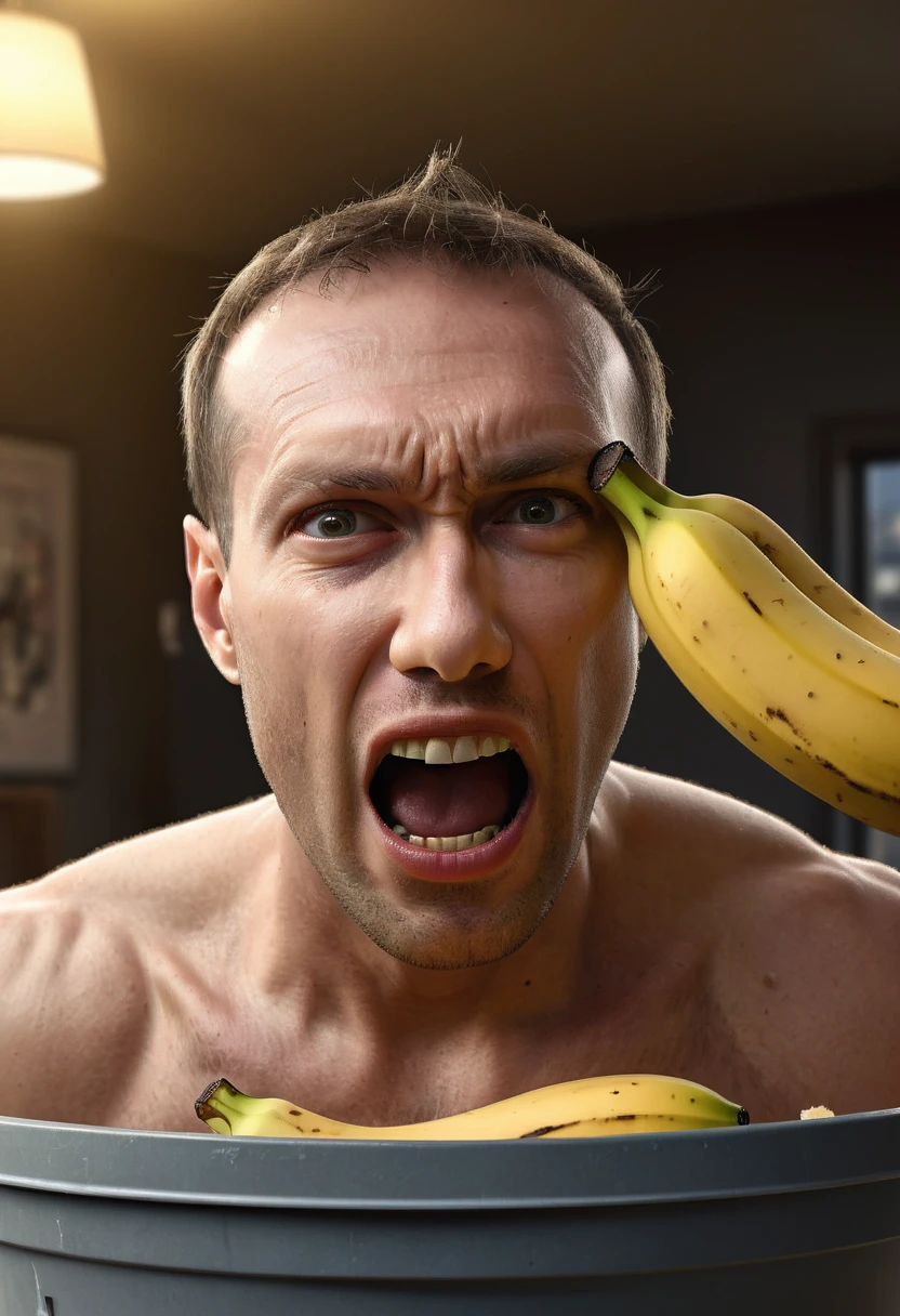 A stunning, hyper-realistic illustration of a man reacting with shock as he places a banana into a dustbin. The composition captures his half-body and facial expression in extreme close-up, using a fish-eye lens to emphasize the intricacy of his emotions. The background is a blend of digital painting and 3D rendering, featuring an urban landscape with dramatic lighting and volumetric effects. The image showcases a wide array of technical advancements, such as unreal engine, DOF, super-resolution, anti-aliasing methods, and tone mapping, resulting in ultra-photorealistic, ultra-detailed, and intricately rendered visuals.