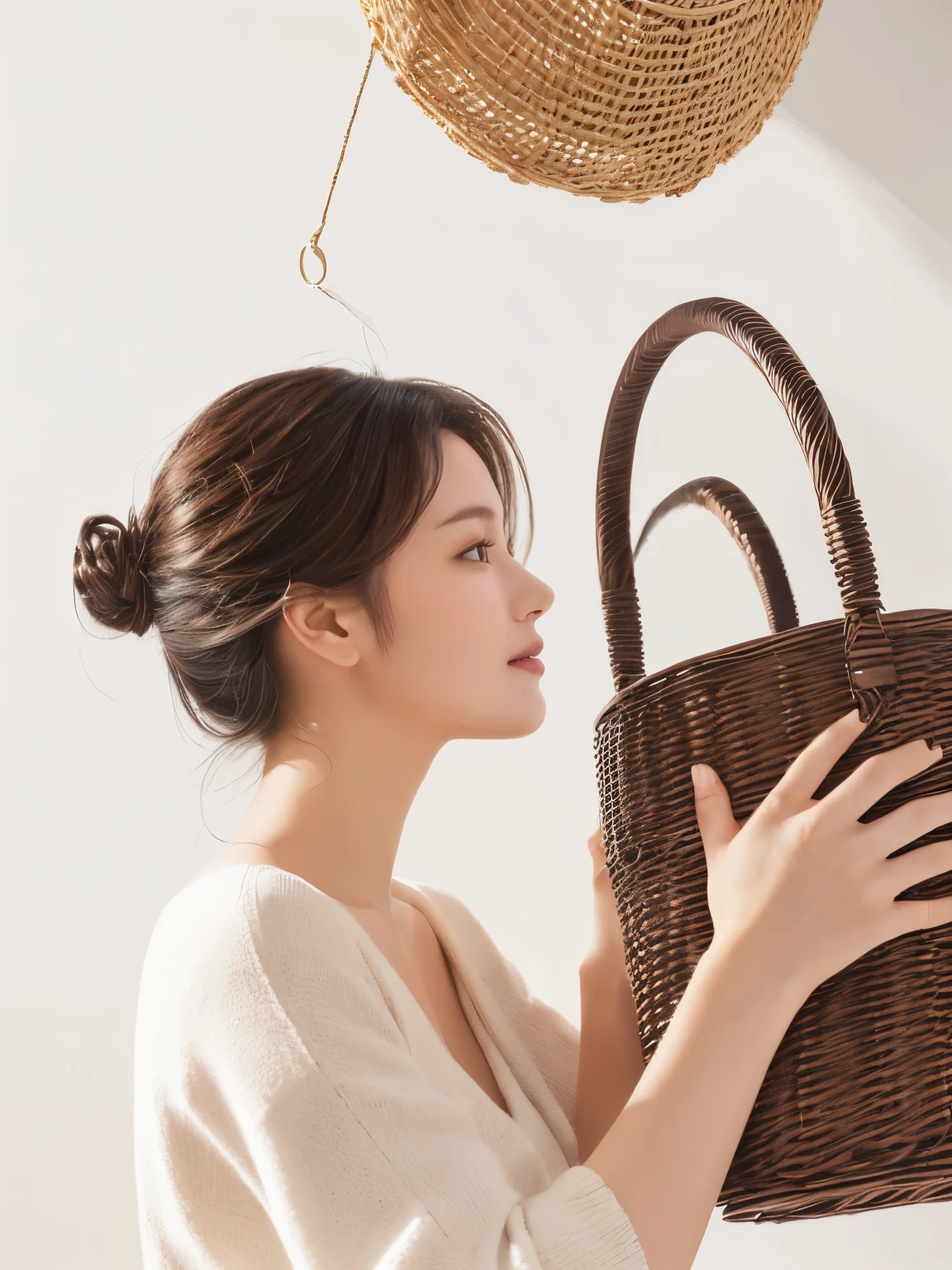 A woman holds a basket high in front of her face and kisses the scent of the basket, Product introduction photos, Product introduction photoss, product photo,Side View, Profile，Designed for comfort and aesthetics!, detailed picture, Handsome, Weaving, View from below, product design shot, Innovative product concept, Home, Made of high-tech materials, Official product images, Mixed Art