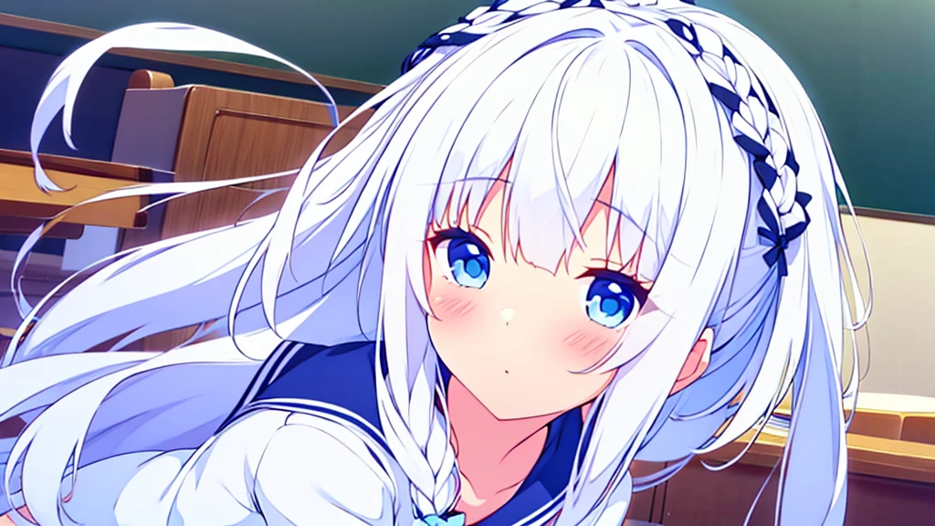 1 cute beautiful great quality perfect anatomy 8k girl white hair with ribbon decorations on her head blue eyes in School Bloomers Women with white mayas at home