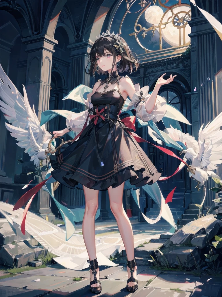 absurdres, RAW photo, extremely delicate and beautiful, masterpiece, Best Quality, ultra high resolution, 32k, hyperrealistic, ultra-detailed, in her 20s, delicate facial features, beautiful detailed girl, tearful mole, earring, medium breasts, full body shot, shorter middle hair, black hair, featuring five exorcists, standing in front of an old mansion, under the cold light of the moon,