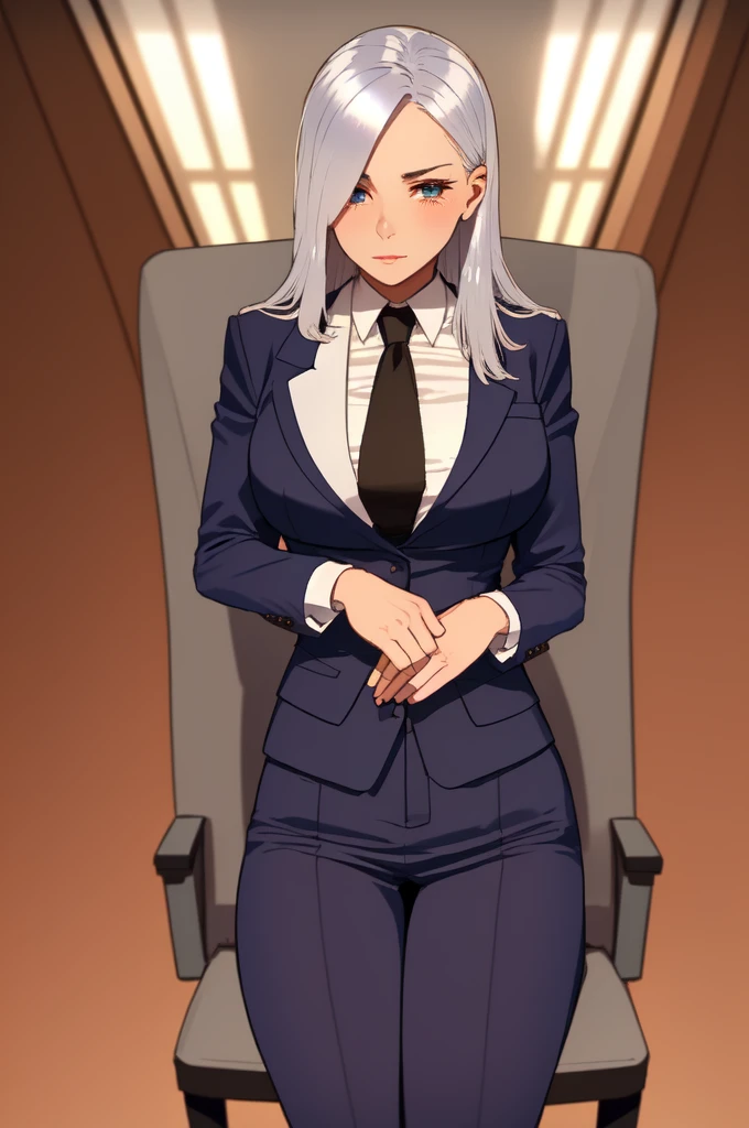 painting (by ratatatat74:1.25), 1girl, solo, (fair skin:1.31), silver hair, office suit, strict, office, arms crossed, on chair, 4K, majestic lighting