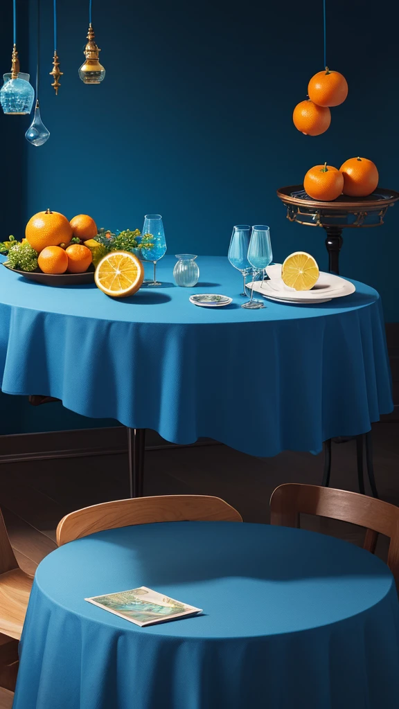 (masterpiece,Highest quality:8K) there is a table with a blue table cloth and a bunch of oranges, a colorized photo inspired by Riad Beyrouti, trending on unsplash, maximalism, blue color theme, blue themed, blue and yellow theme, blue theme, blue and yellow color theme, 🐿🍸🍋, blue mood, blue hue, rich azure tones, rich blue color