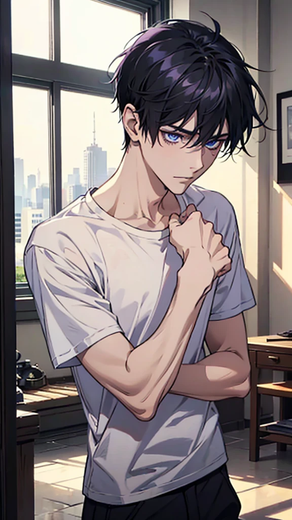 boy、、Slim body、Dirty white t-shirt、Black trousers、Purple Short Hair、Blue Eyes、Dark look、One hand touching the neck、Concrete Room
