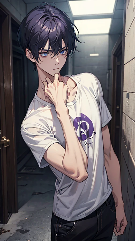 boy、、Slim body、Dirty white t-shirt、Black trousers、Purple Short Hair、Blue Eyes、Dark look、One hand touching the neck、Concrete Room