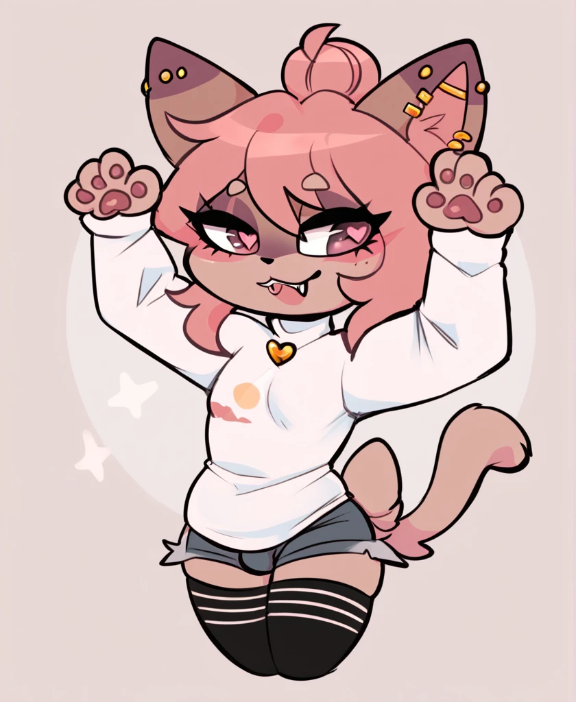 (score_9, score_8_up), score_7_up, score_6_up, score_5_up, score_4_up, Hazel Typh, 1boy, best quality, furry, brown fur, pink hair, animal ears, gold piercing, heart-shaped pupils, animal nose, pink eyes, hair bun, tail, smile, fangs, open mouth, arms up, hands up, white shirt, slightly chubby, slightly budgey stomach, full body, beautiful and detailed, man (((Male))) ((anthro)) cat, (Averi, cat boy), by waspsalad, by phluks, by zero-sum, cat, (anthro, fluffy fur, character focus:1.1), 1boy, anthro cat boy, body fur, nice, cute, digital drawing, (half-closed eyes), big eyes, sweater, short shorts, thigh highs, stockings, (hi res), ((masterpiece)), ((best quality)), Cat, male cat, femboy furry, clean sketch, anthropomorphic cat, fursona, sharp teeth, big ears, smooth hair, smooth fur, long eyelashes, makeup, thin, chubby face, flat chest, male, femboy, fluffy paw, cute cat, simple, sketch, cheat scars, boob removal scars, top surgery.
