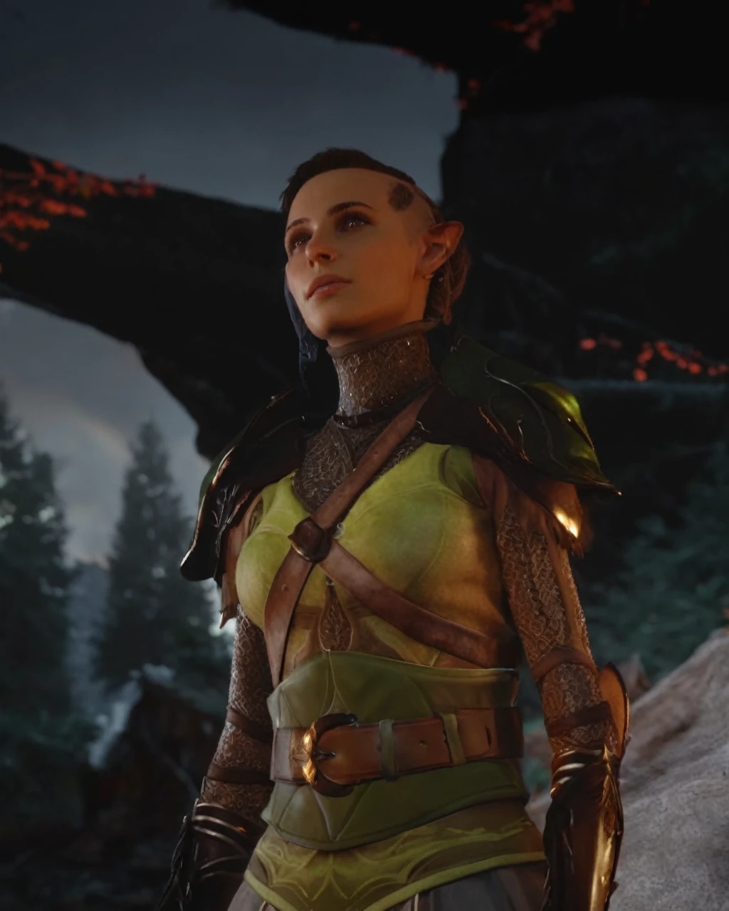 (Realistic:1.4), elf ranger in the forest, Brown half shaved head hair, delicate features of a thin face, cute sexy, perfect full body, Fantasy style, 8K, proffesional photography, Hi-Def, lifelike skin, Without cosmetics, background of the Middle Ages, The sun shines its rays through the treetops, brown skin