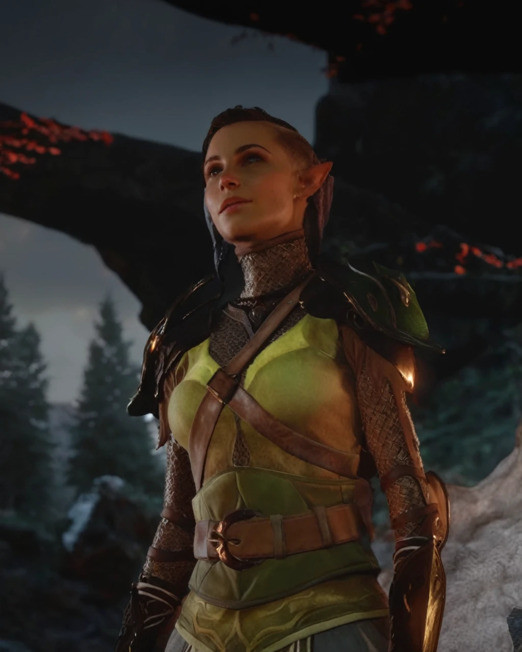 (Realistic:1.4), elf ranger in the forest, Brown half shaved head hair, delicate features of a thin face, cute sexy, perfect full body, Fantasy style,  8K, proffesional photography, Hi-Def, lifelike skin, Without cosmetics, background of the Middle Ages, The sun shines its rays through the treetops, brown skin