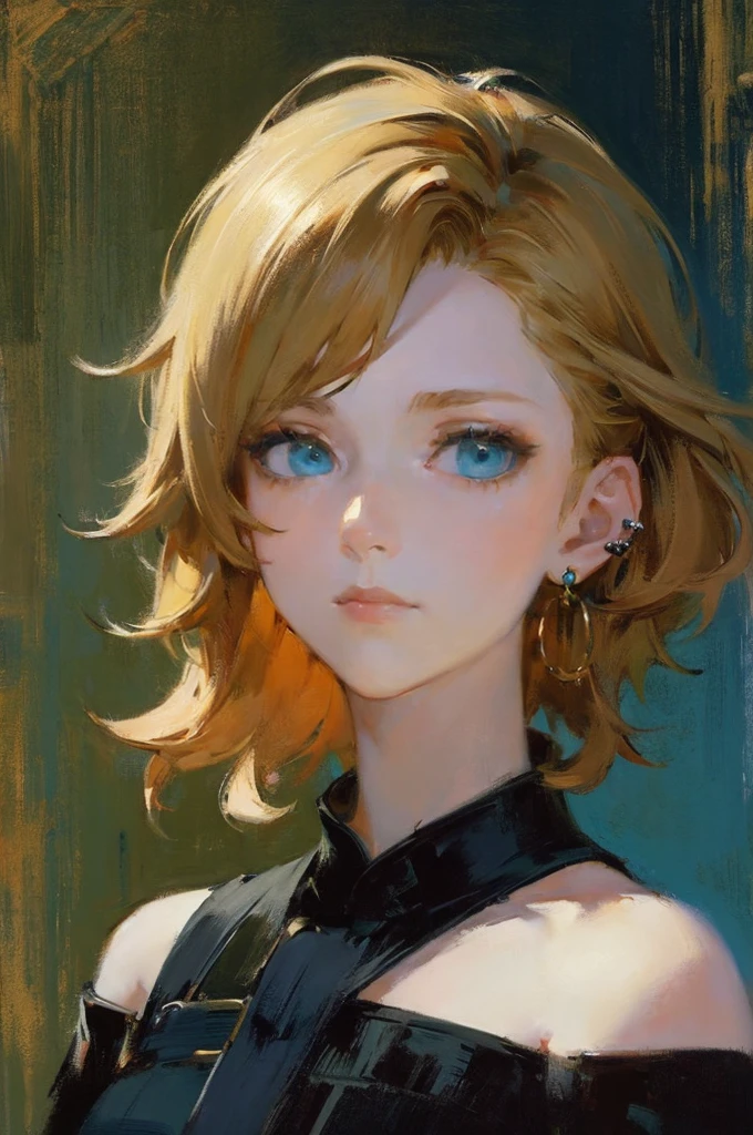 (top-quality、​masterpiece:1.2) 1woman, detailed portraiture art of a character, loose oil paint, thick pain, portrait, video game character art, female, black background background, stunning, perfect artwork, blonde hair, black dress, hair dyed green at the ends, blue eyes, earrings