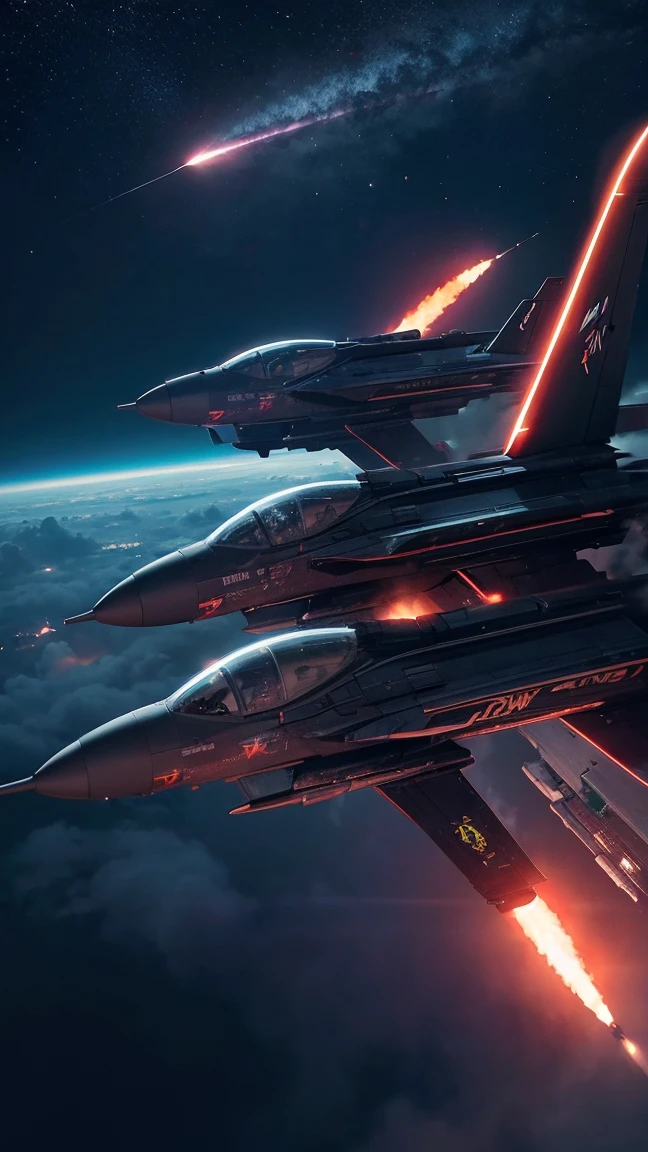 4k detailed photography. "Futuristic fighter jets in the sky fire missiles at monsters: 1.5." Night, neon　シード
2356291880
