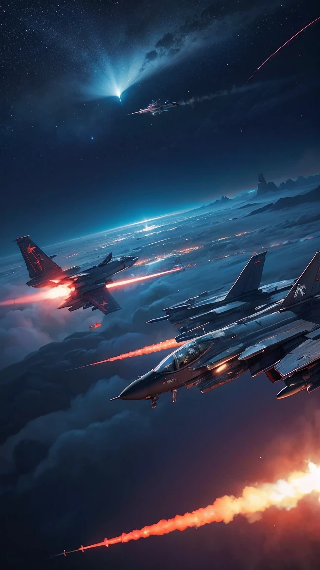 4k detailed photography. "Futuristic fighter jets in the sky fire missiles at monsters: 1.5." Night, neon シード
2356291880