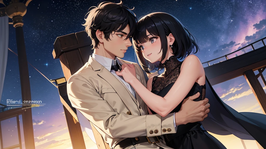romantic couple look at each other, the man pick the woman up, black-haired mature man，Girl with black short hair with fringe (soft smile, shy)，different height ((the man is taller)), glowing stars，Glow effects, the night，in the ball room，The face is clear and accurate，detail in face，super-fine，castle，16K resolution，high quality, High picture detail，dynamic viewing angle，Epic shooting，oc rendered, dancing floor, detailed light, detailed shadow