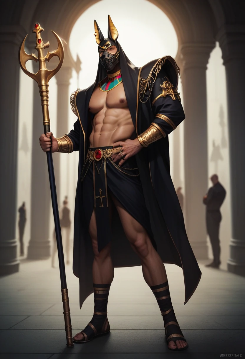 a man dressed as realistic zumbi skin Anubis halloween costume design, intimidating psychopathic man, anubis mask, dark energy, black costume, holding a staff, full body highly detailed, cinematic lighting, dramatic atmosphere party entrance, photorealistic, 8K, masterpiece