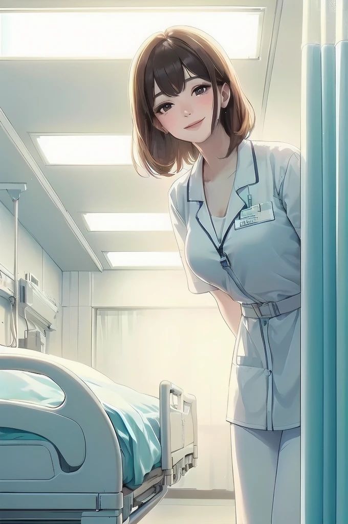 1lady solo, (looking down), (from below), (peeking out from behind partition curtain), healthcare worker, (nurse uniform), mature female, /(dark brown hair/) bangs, kind smile, (masterpiece best quality:1.2) delicate illustration ultra-detailed, large breasts BREAK (hospital room) indoors, (bright white ceiling:1.2), (perspective from bed:1.2), detailed background