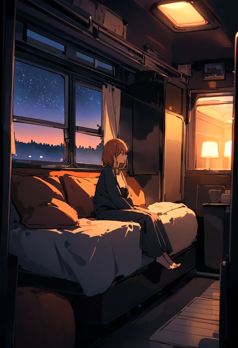 Woman sitting in a cozy room on a train, Comfortable bed, The window and the night outside, Dim orange light, It's dark outside,Starry sky outside、Very cozy room on the train.Trailer House、