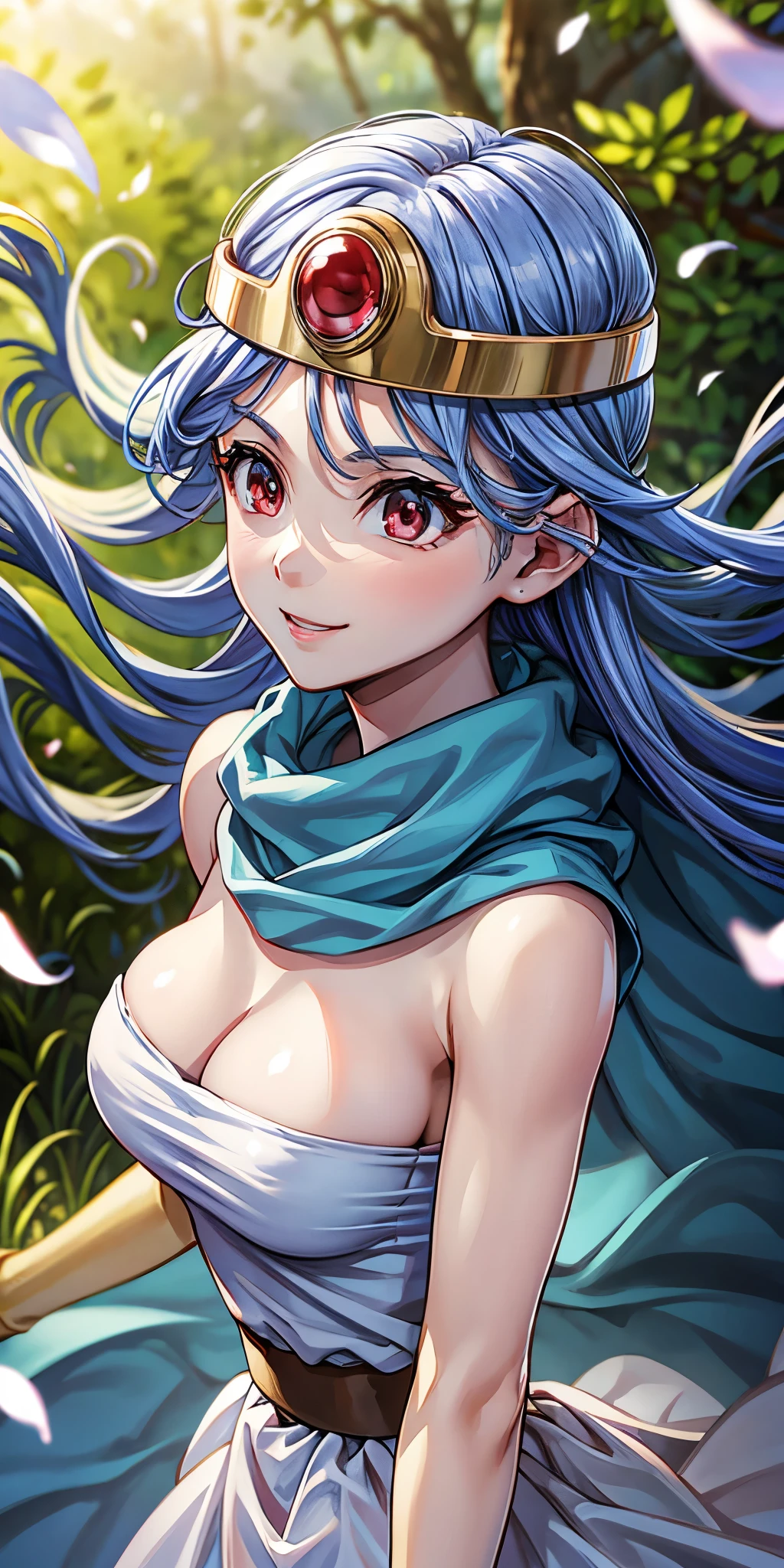 masterpiece, best quality, 4k, 8k, dq, upper body, face focus, close-up, 1girl, blue hair, white dress, red eyes, circlet, cleavage, smile, happy, depth, depth of field, outdoor, nature, petals, wind, beautiful, hd, perfect lighting, detailed face, detailed body, masterpiece, best quality, intricate details, 8k uhd, perfect face, perfect eyes