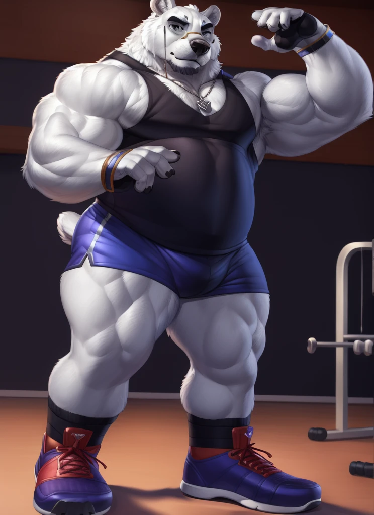 borealis(LAH), plump, huge, muscular, bara, detailed hands, five fingers, (pose:1.3), (posing:1.3), (soft shading), 4k, hi res, ((detailed face, (detailed eyes:1.0), detailed)), (full body), by zackarry911, by zaush, (by personalami:0.5), solo, looking at viewer, shirt, 1boy, gym shorts, doggy tag, standing, full body, black tank top , male focus, gym shoes, gym shorts, wristbands, gloves, gym equipments, gym background, flexing