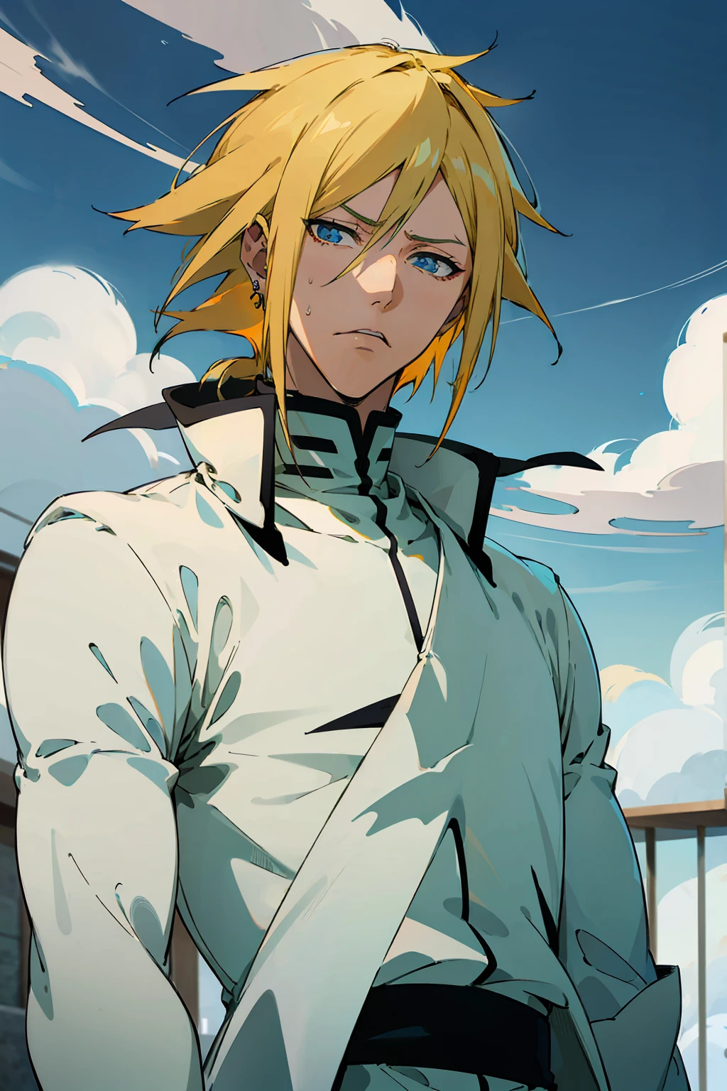 1male, Young Adult, Short Hair, YellowColored Hair, Black Highlights, Two Toned Hair, Sky Blue Eyes, Bleach, Hueco Mundo, Arrancar Clothing, Sunny, Muscular, White Coat, Detailed Eyes, Wavy Hair, Earring, Slicked Back Hair