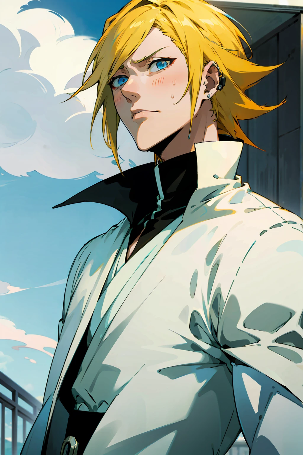 1male, Young Adult, Short Hair, YellowColored Hair, Black Highlights, Two Toned Hair, Sky Blue Eyes, Bleach, Hueco Mundo, Arrancar Clothing, Sunny, Muscular, White Coat, Detailed Eyes, Wavy Hair, Earring, Slicked Back Hair