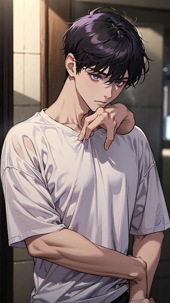 boy、、Slim body、Dirty white t-shirt、Black trousers、Purple Short Hair、Dark look、One hand touching the neck、Upper Body