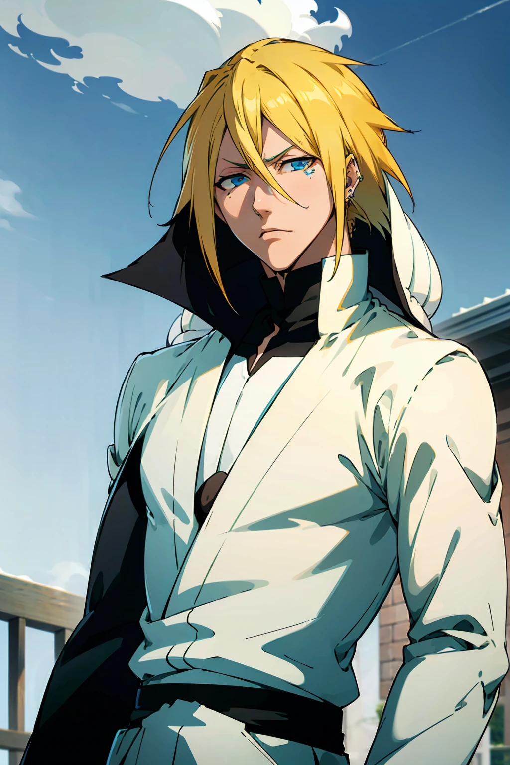 1male, Young Adult, Short Hair, YellowColored Hair, Black Highlights, Two Toned Hair, Sky Blue Eyes, Bleach, Hueco Mundo, Arrancar Clothing, Sunny, Muscular, White Coat, Detailed Eyes, Wavy Hair, Earring, Slicked Back Hair