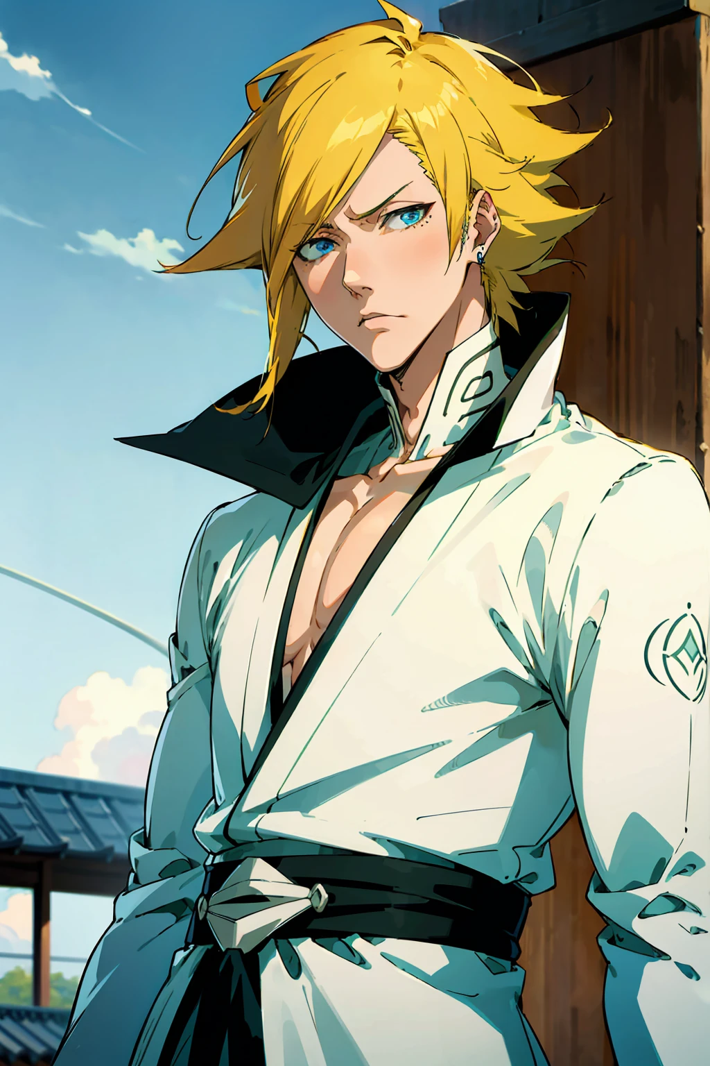 1male, Young Adult, Short Hair, YellowColored Hair, Black Highlights, Two Toned Hair, Sky Blue Eyes, Bleach, Hueco Mundo, Arrancar Clothing, Sunny, Muscular, White Coat, Detailed Eyes, Wavy Hair, Earring, Slicked Back Hair