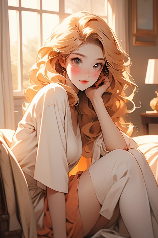 Dynamic posing, dynamic angle, Arrange pose,Top quality work,Show Legs,((short wavy Creamy orange hair)),(Creamy Blonde hair),(short hair),(wavy hair),(golden eyes), lovely red lips, Rose cheeks, Pretty Face, A perfectly proportioned face, (casual home clothes), wearing long oversized shirt and panties, white stockings,in her room,full-body view, amazing, Large round chest、Beautiful eye details、Beautiful eyelashes、beautiful double eyelid, with blush cheeks, talking to viewer