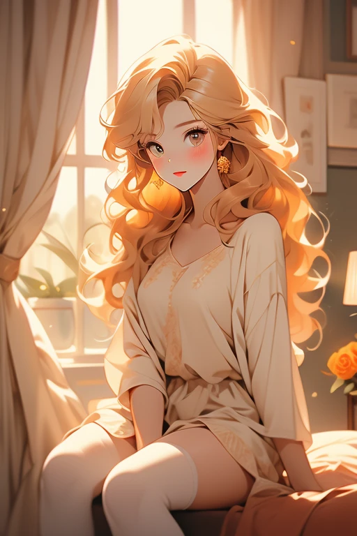 Dynamic posing, dynamic angle, Arrange pose,Top quality work,Show Legs,((short wavy Creamy orange hair)),(Creamy Blonde hair),(short hair),(wavy hair),(golden eyes), lovely red lips, Rose cheeks, Pretty Face, A perfectly proportioned face, (casual home clothes), wearing long oversized shirt and panties, white stockings,in her room,full-body view, amazing, Large round chest、Beautiful eye details、Beautiful eyelashes、beautiful double eyelid, with blush cheeks, talking to viewer