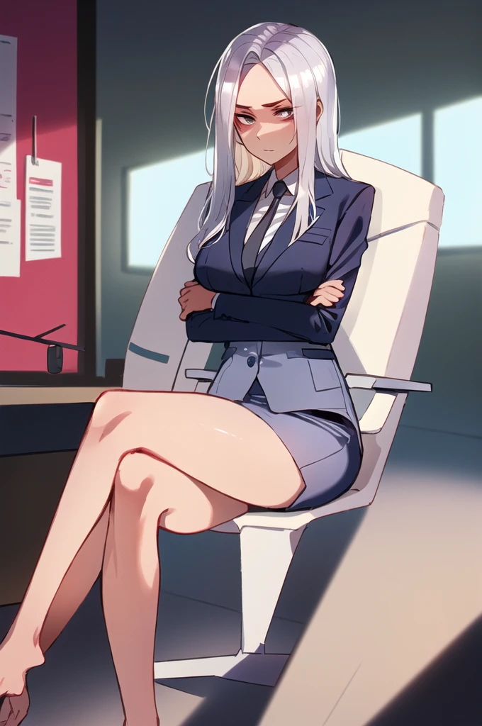 painting (by ratatatat74:1.25), 1girl, solo, (fair skin:1.31), silver hair, office suit, strict, office, arms crossed, on chair, 4K, majestic lighting, looking at camera 