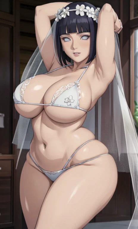 standing, solo, hinata\(boruto\), 1girl, mature female, (very tight plain white micro bikini, wedding veil, white flower wedding crown), no shirt, showing off), sideboob, large breasts, areola slip, cleavage, leaning forward, hanging breasts, curvy, hands up, arms up, looking at viewer, blush, parted lips, light smile, short hair