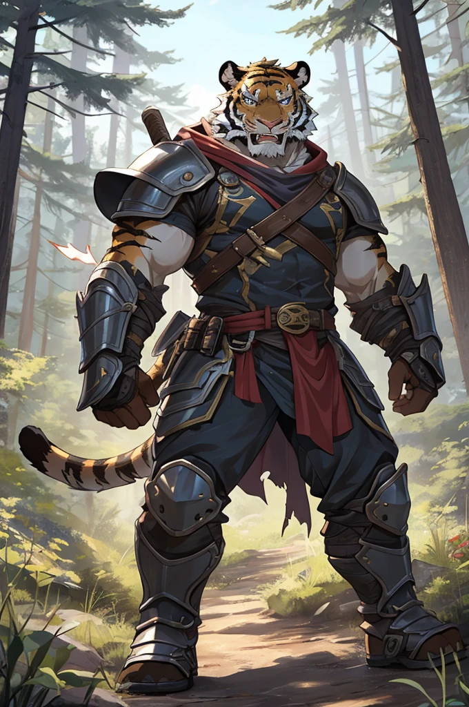 Tiger, Adults,Strong,handsome,warrior,Sexy body,Golden fur,Huge penis,Bare chest and abdomen,Bare legs,unarmed,Very cool to wear,Revealing clothing,毛茸茸的Tiger爪,Extremely revealing clothing(Scapula,Armor knee pads,Red torn shawl,No pants),expression(vigilante,Gnashing of teeth),action(Standing,vigilante),Alone,angry,Challenge the camera character to a duel,environment(Clearing in open forest,There are sparse low weeds around,There are pine trees in the distance),good-looking,masterpiece,Very detailed,best quality,No pants,下身穿戴Armor knee pads.
