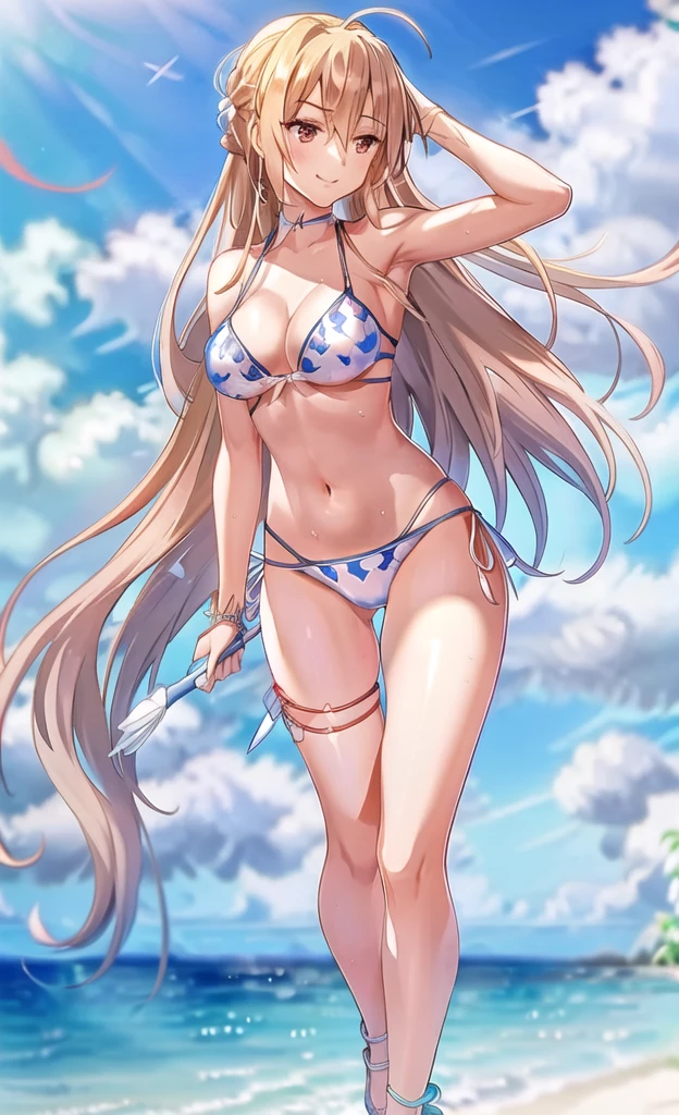 Anime Artwork Highly Detailed CG Unity 8K Wallpaper, Realistic, Swimwear, Long Hair, chest, (((White bikini with a flashy pattern))), alone, belly button, Day, Outdoor, chestの谷間, White bikini with a flashy pattern, Blonde, smile, null, blue null, very Long Hair, cloud, medium chest, side-tie bikini bottom, Blurred, clavicle, ribbon, Close your mouth, Blurred background, Thigh Gap, thigh ribbon, Halter neck, Are standing, jewelry, handrail, bangs, Stomach, Thigh straps, Floating Hair, Bare shoulders ,(((flip flops))),(((Brush your hair up))),