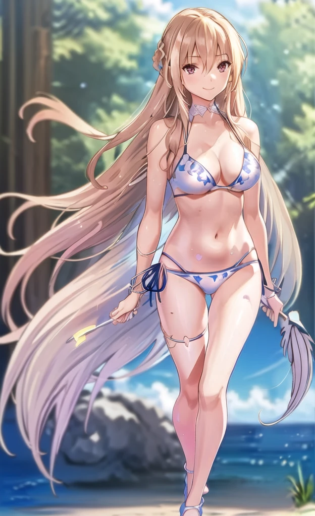 Anime Artwork Highly Detailed CG Unity 8K Wallpaper, Realistic, Swimwear, Long Hair, chest, (((White bikini with a flashy pattern))), alone, belly button, Day, Outdoor, chestの谷間, White bikini with a flashy pattern, Blonde, smile, null, blue null, very Long Hair, cloud, medium chest, side-tie bikini bottom, Blurred, clavicle, ribbon, Close your mouth, Blurred background, Thigh Gap, thigh ribbon, Halter neck, Are standing, jewelry, handrail, bangs, Stomach, Thigh straps, Floating Hair, Bare shoulders ,(((flip flops))),(((Brush your hair up))),