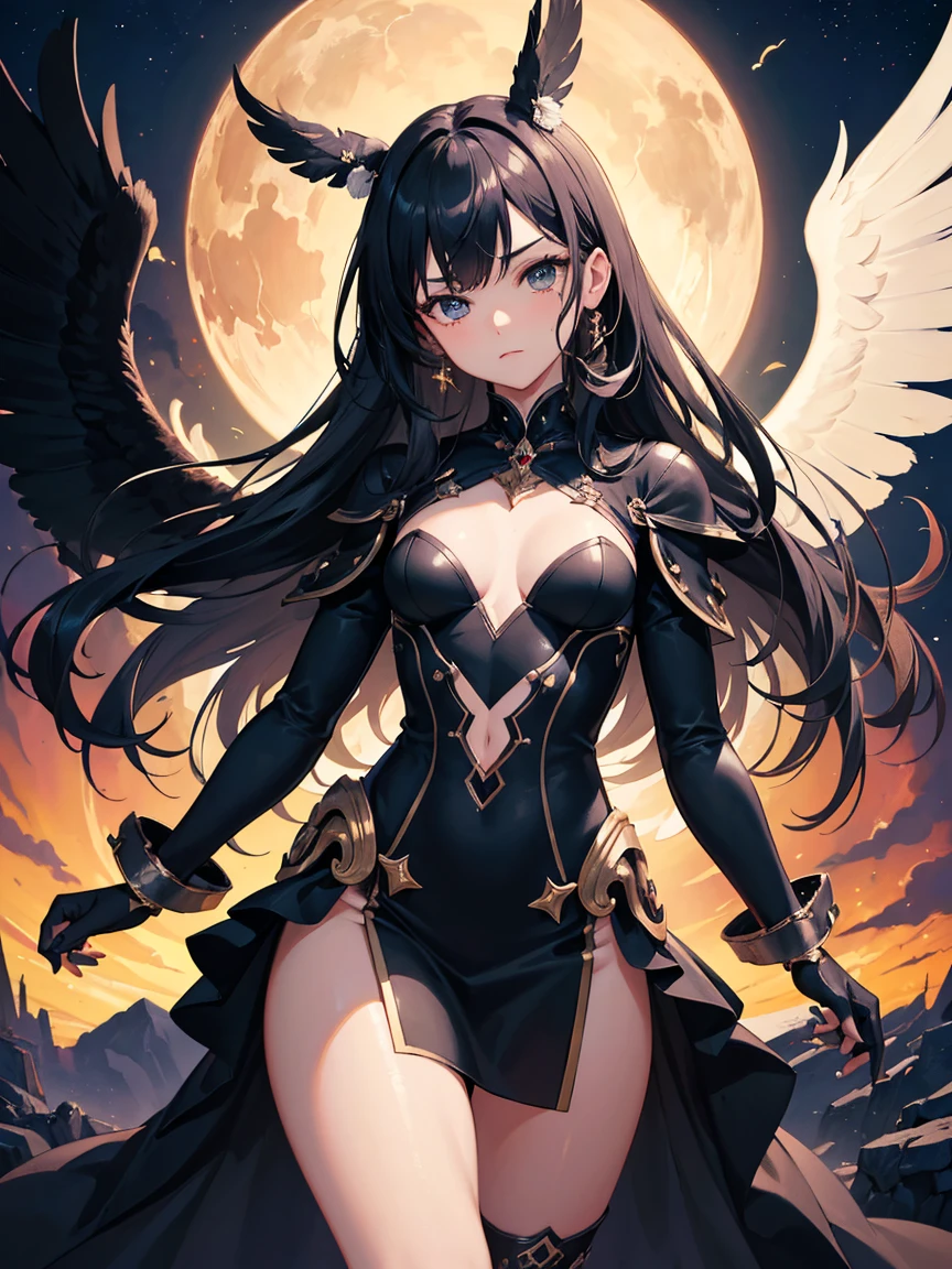 black hair, curly hair, crossed bangs, hair over shoulder, messy hair, very long hair, happy tears, glaring, clenched teeth, blush, fang out, angel wings, bottomless, slender body, 12years old, meadow, peeing, cowboy shot, from below, 8k, super detail, masterpiece, best quality