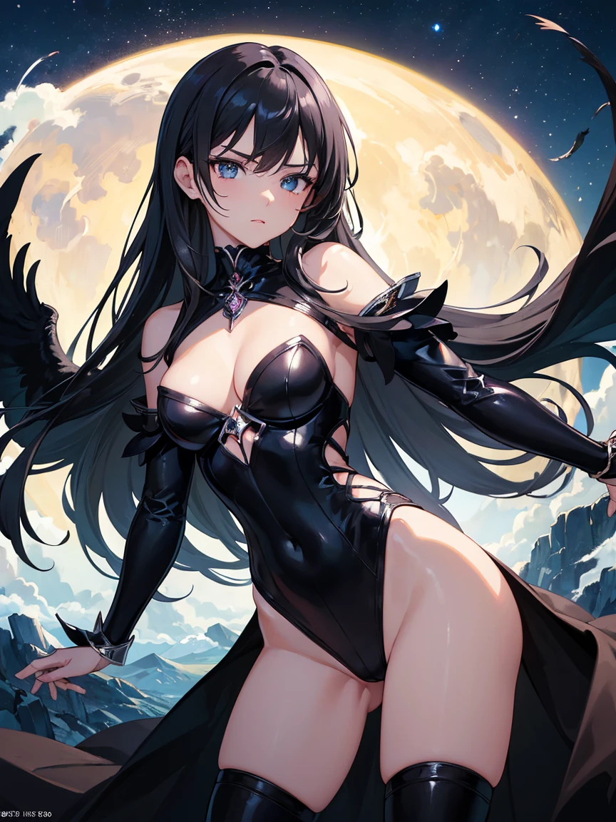 ((Masterpiece))，(Best Quality)，(Highest resolution)，(8K)，(Clean lines)，(Perfect Face，Perfect meat)，(Official Art), Cowboy Shot,（Magical girl）,villain,  Black Costume, Small breasts, Long Hair,  large black feathers, Night Sky, Mean face