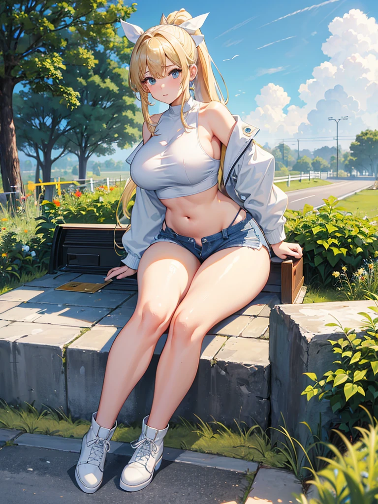 high resolution、high quality、masterpiece、detailed、Blonde、ponytail、Large white ribbon、White tank top、Open your chest wide、Big Tits、Put on your Air Force jacket、Belly button exposed、High leg jeans、Bare legs、Thick-soled boots、highway、blue sky、cumulonimbus、