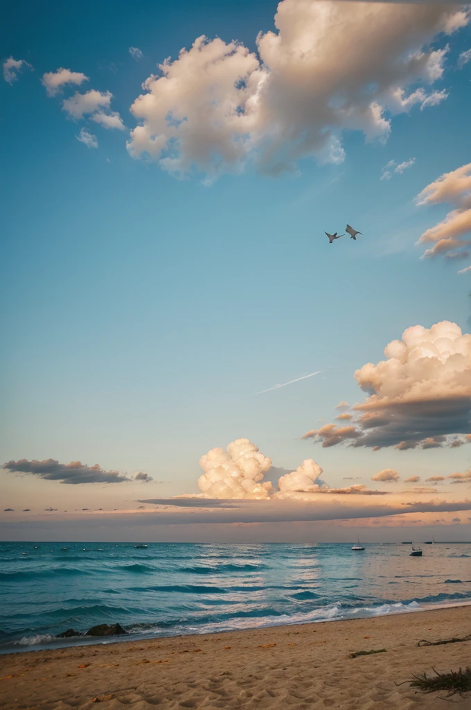 Sky with orange cloud and trees, bird and beach