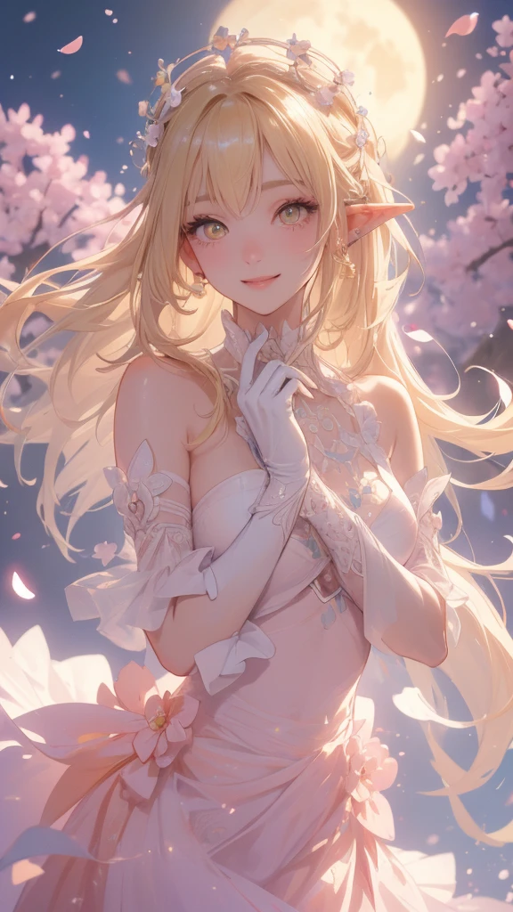 work of art, ultra creative, epic details, ultra detaild, best resolution, Woman, blonde, (BEAUTIFUL ELF), {{ beautiful and rustic flower crown on head}}, sculptural body, maroon, ((perfect hands))), pink scenery, no mistakes, (((rosto ultra detaild ))), ((( olhos ultra detailds ))) (( piercing yellow eye) glad, (expression of joy), (big smile on your face), Simple smile, moon in the background, ( Sakura petals around ) wearing white gloves