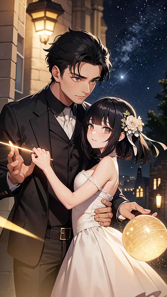 romantic couple look at each other, the man pick the woman up, black-haired mature man,Girl with black short hair with fringe (soft smile, shy),different height ((the man is taller)), glowing stars,Glow effects, the night,in the ball room,The face is clear and accurate,detail in face,super-fine,castle,16K resolution,high quality, High picture detail,dynamic viewing angle,Epic shooting,oc rendered, dancing floor, detailed light, detailed shadow
