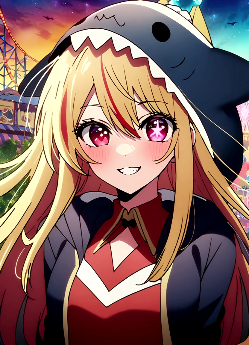 A girl with a big shark hood on her head, open, hoshinoruby, star-shaped pupils, ruby_hoshino, idol, blonde hair, bangs, 1girl, pink eyes, long hair, looking at viewer, red eyes, streaked hair, best quality, masterpiece, high quality, extremely detailed CG unity 8k wallpaper, Furry, (fantastic and mysterious), amusement park, delicate background, luminous particles, complex details, grin, 