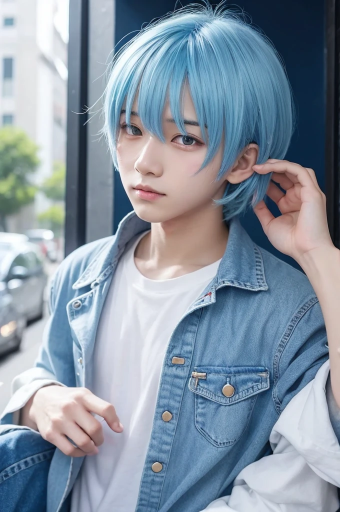 Light blue hair bangsMThe boy Anime Style