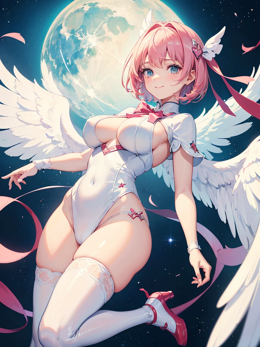 ((Masterpiece)),(Best Quality),(Highest resolution),(8K),(Clean lines),(Perfect Face,Perfect meat),(Official Art),(Magical girl),, 8-year-old, Cute white outfit, Short Hair, ribbon, huge breasts, Fat, Big angel wings, Night Sky, smile