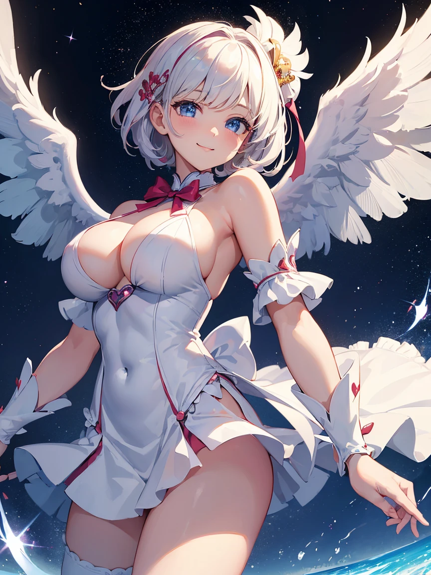 ((Masterpiece))，(Best Quality)，(Highest resolution)，(8K)，(Clean lines)，(Perfect Face，Perfect meat)，(Official Art)，（Magical girl）,, 8--old,te white outfit, Short Hair, ribbon, huge breasts, Fat, Big angel wings, Night Sky, smile