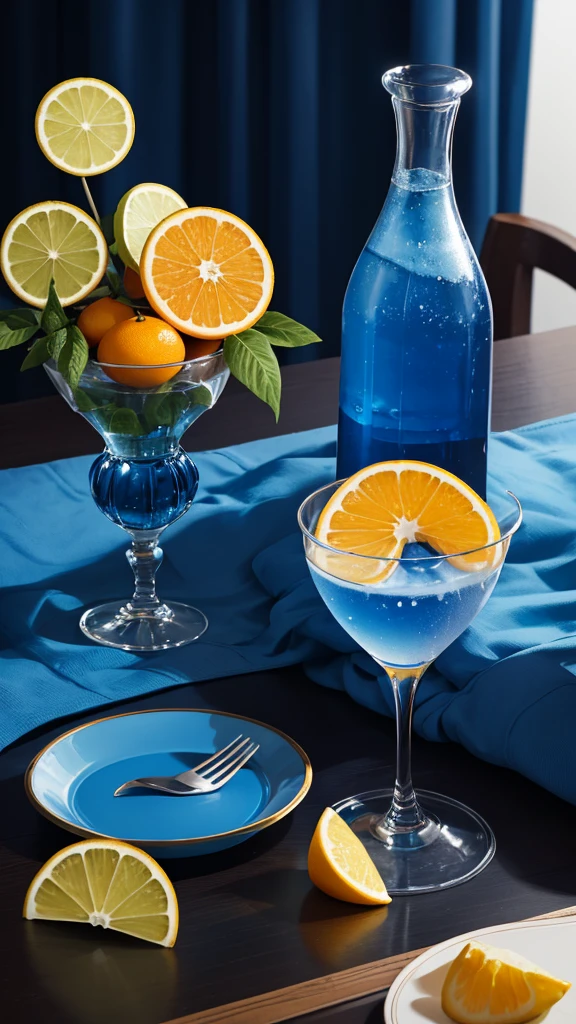 (masterpiece,Highest quality:8K) there is a table with a blue table cloth and a bunch of oranges, a colorized photo inspired by Riad Beyrouti, trending on unsplash, maximalism, blue color theme, blue themed, blue and yellow theme, blue theme, blue and yellow color theme, 🐿🍸🍋, blue mood, blue hue, rich azure tones, rich blue color